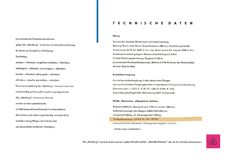 Wartburg 311 deluxe Prospekt 12-Seitig A4 1959